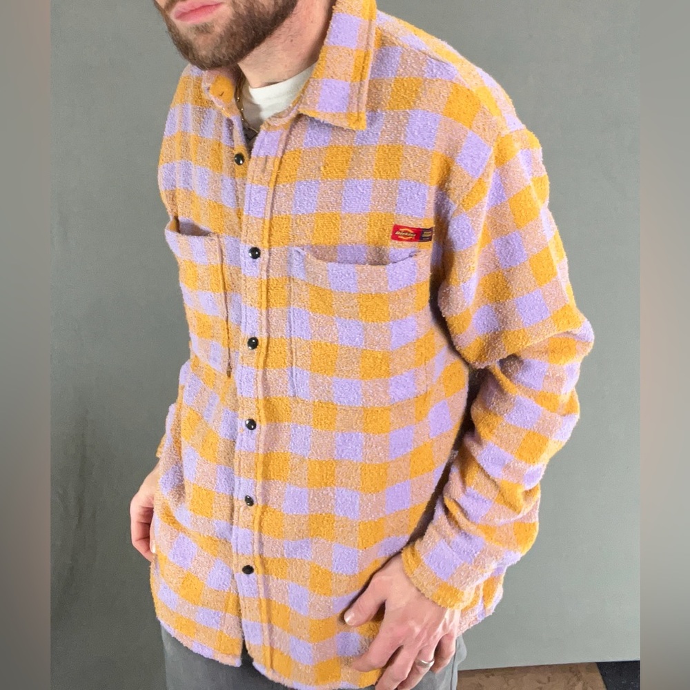 Dickies x Opening Ceremony Tweed Long Sleeve Button Up Shirt in Lilac and Gold.